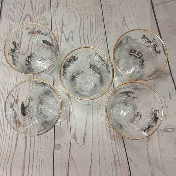 Libbey Champagne Glass Curio Carriage Set Of 5 Trumpet Fluted MCM Black Gold Car - Picture 9 of 11